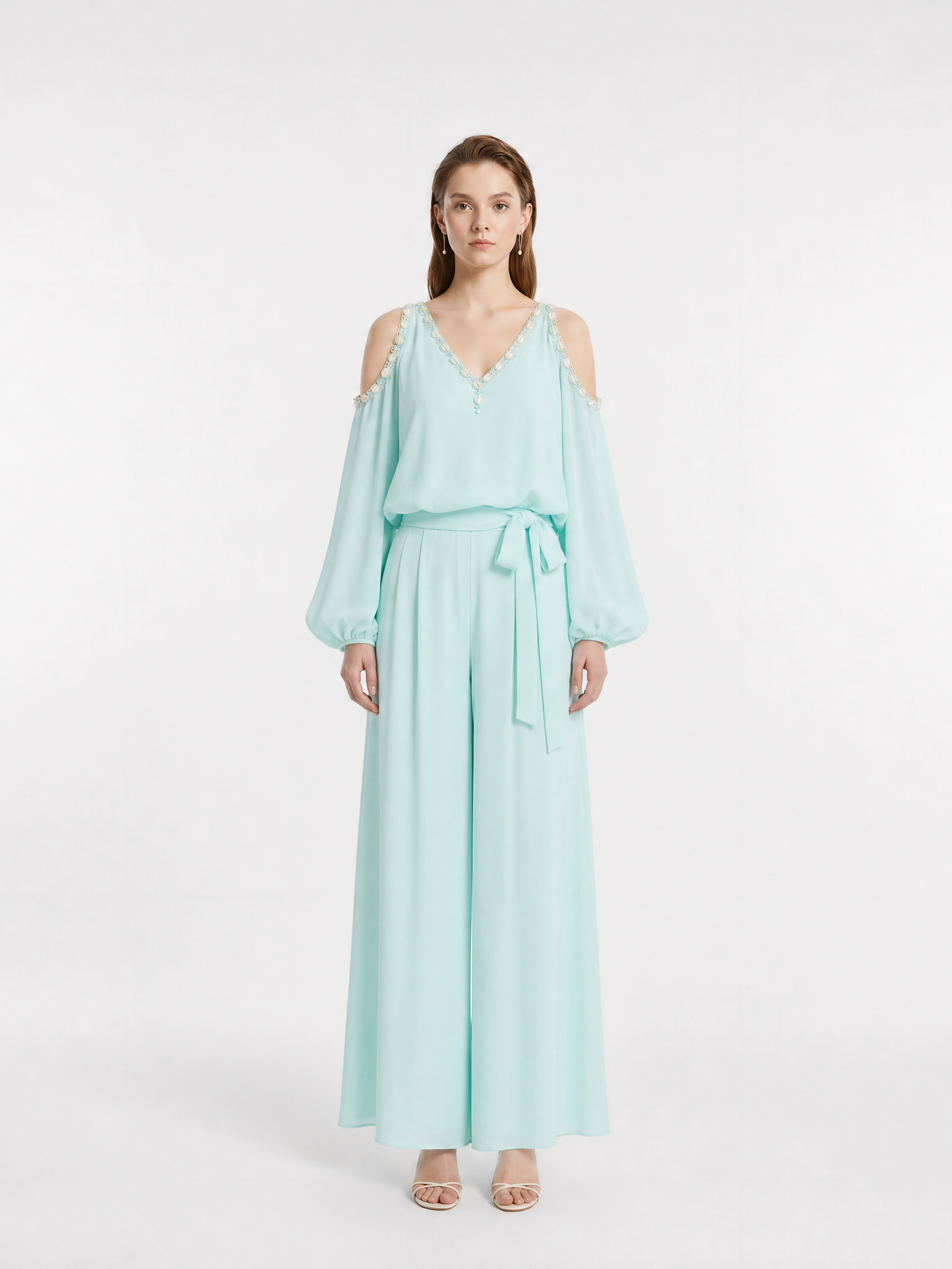 Cold Shoulder Shell Beaded 100% Silk Crepe Two-Piece Set, Top & Wide-Leg Pants, Two Colors Available