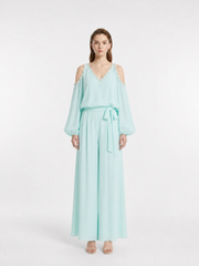 Cold Shoulder Shell Beaded 100% Silk Crepe Two-Piece Set, Top & Wide-Leg Pants, Two Colors Available