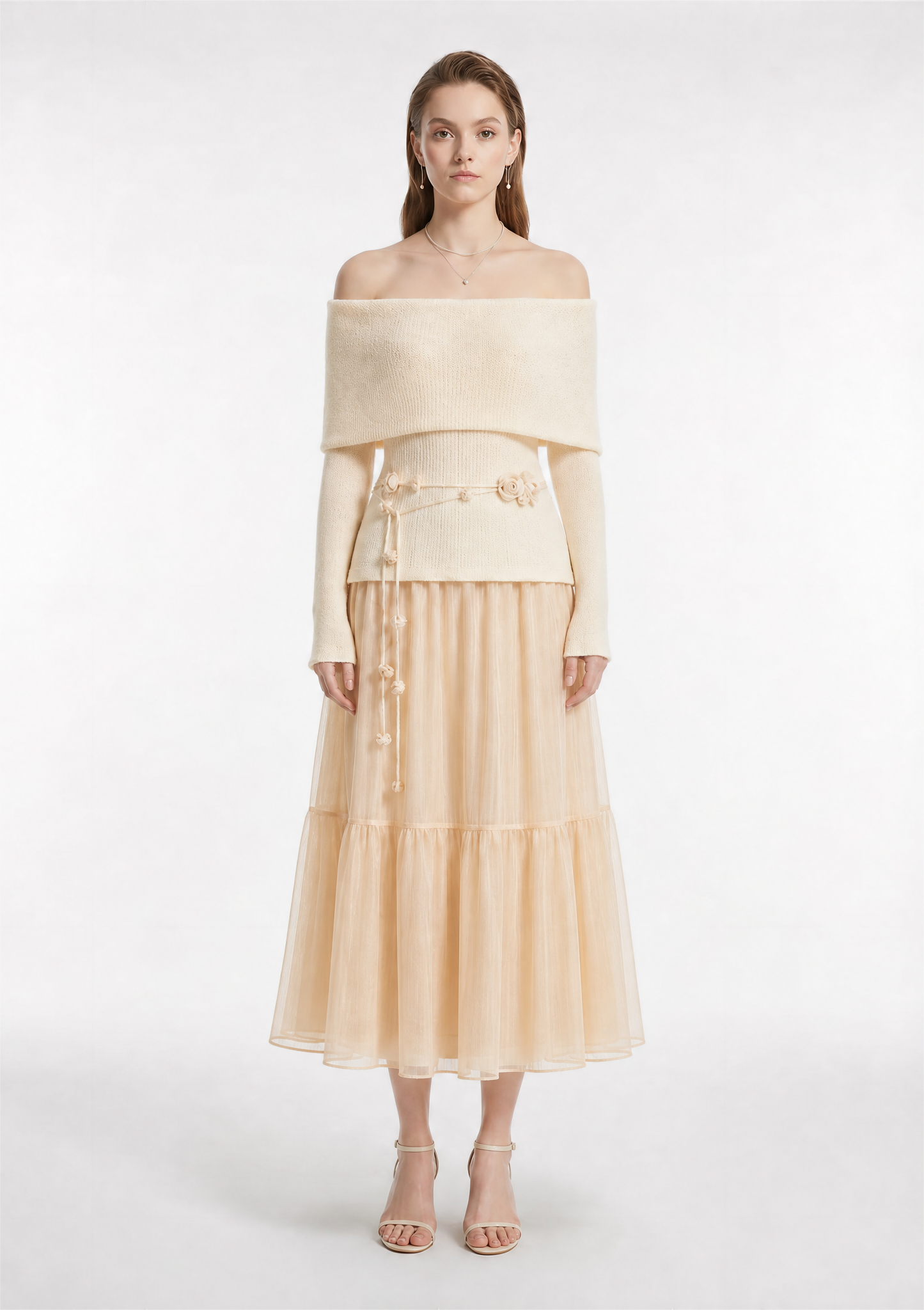 Off-Shoulder Knit Top & Tiered Tulle Skirt Two-Piece Set