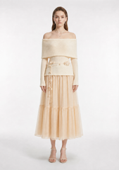 Off-Shoulder Knit Top & Tiered Tulle Skirt Two-Piece Set