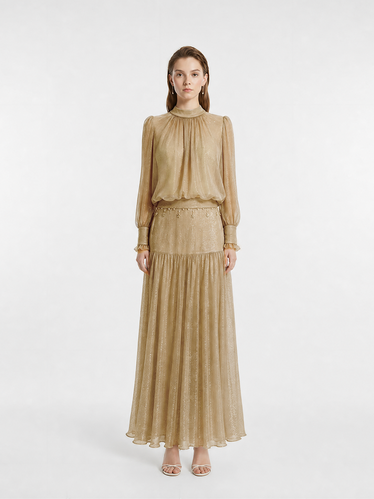 Shimmer Gold Mesh Two-Piece Set: High-Neck Blouse & Maxi Skirt