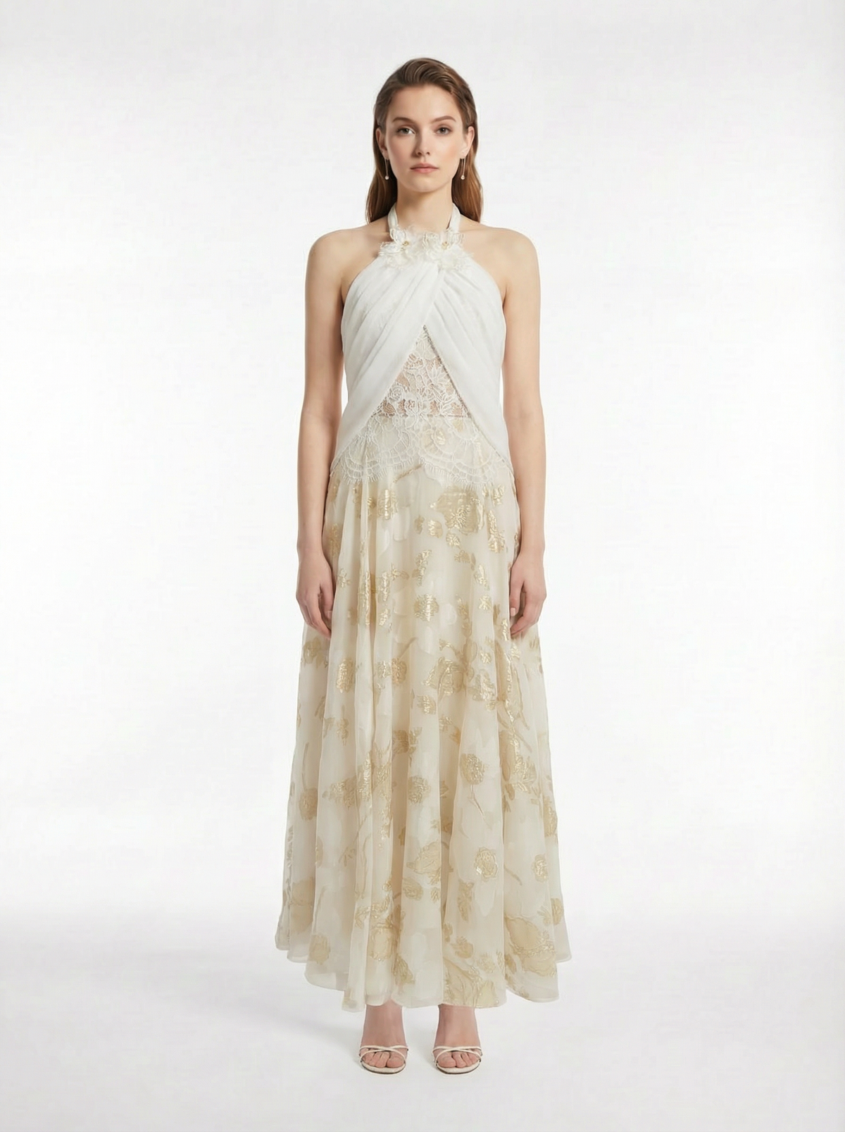 Halter Neck 3D Flower Twist Cutout Lace Top Gold Floral Burnout Jacquard Flowy Maxi Skirt Two-Piece Set