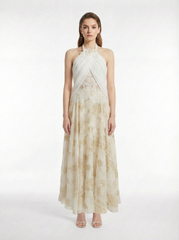 Halter Neck 3D Flower Twist Cutout Lace Top Gold Floral Burnout Jacquard Flowy Maxi Skirt Two-Piece Set