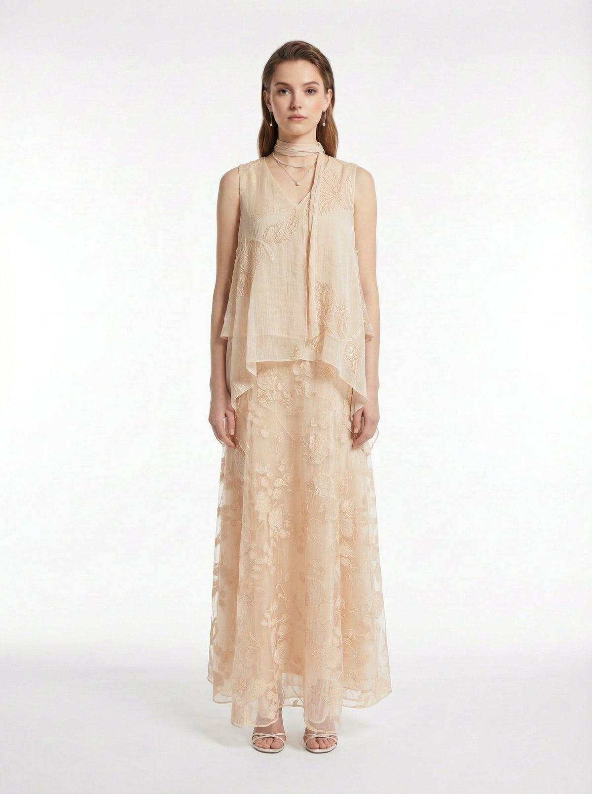 V-Neck Neck Tie Irregular Hem Sleeveless Top All Over 3D Floral Lace Flowy Maxi Skirt Two-Piece Set