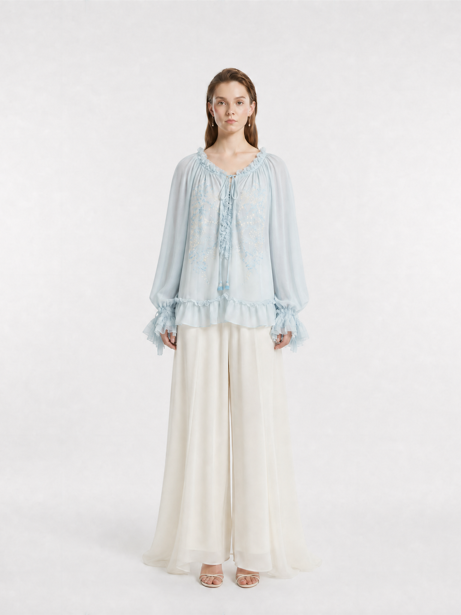 V-Neck Ruffle Trim Front Tassel Tie Double Layer Frill Lantern Long Sleeve 100% Mulberry Silk Georgette Blouse