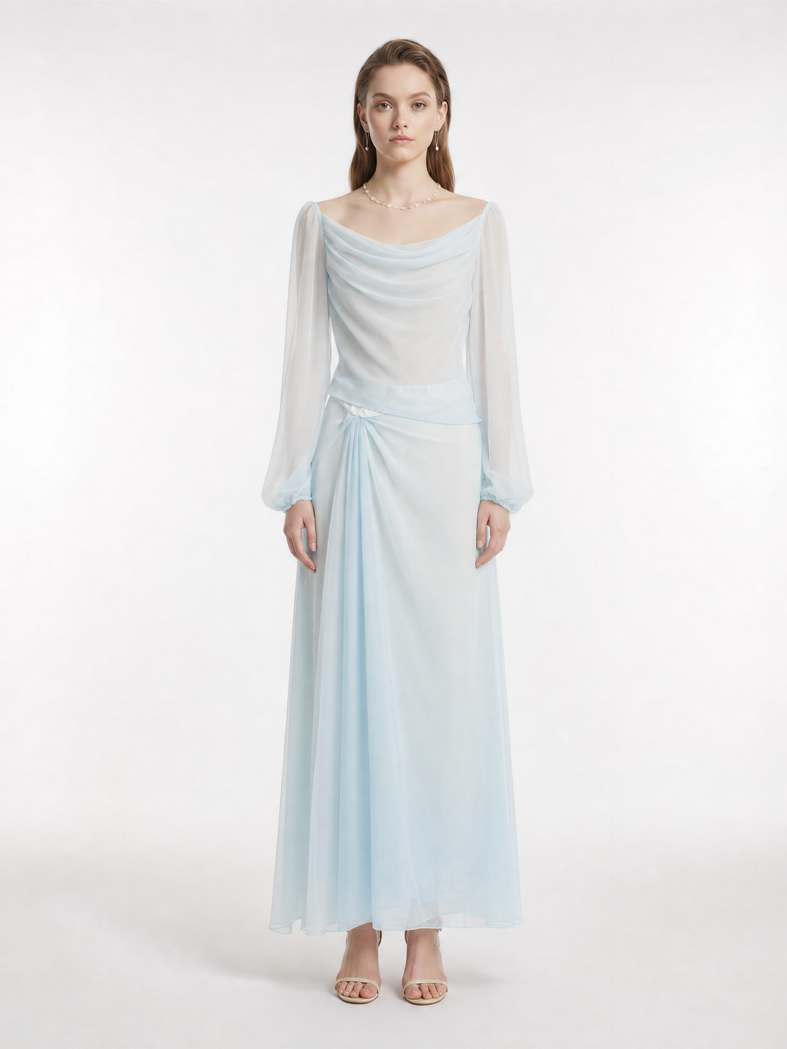 Cowl Neck Silk Chiffon Top & Lace Corset Waist Skirt Set, Two Colors Available