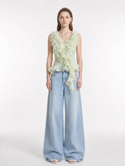 Light Green Deep V Neck Handmade Tiered Ruffle Asymmetrical Draped Sash Fitted Sleeveless Crop Top