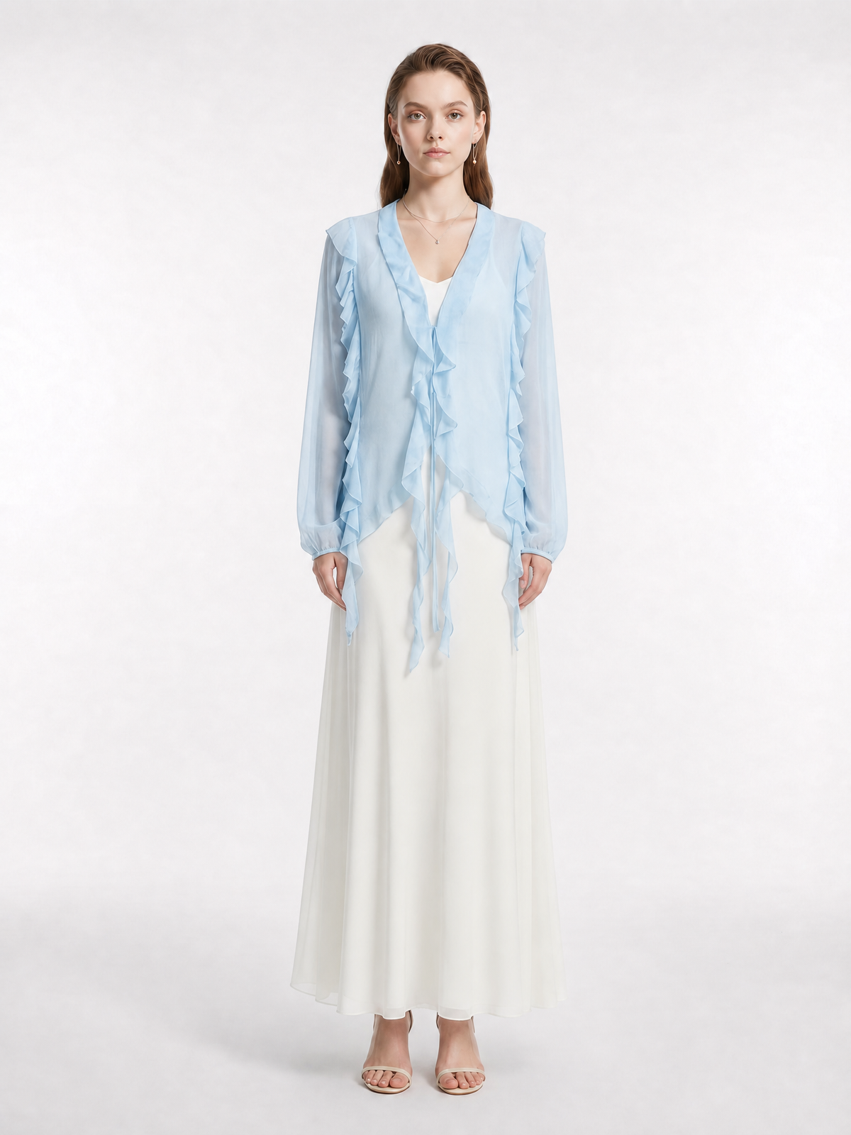 V-Neck Handmade Ruffle Picot Trim Front Tie Sash Asymmetrical Long Sleeve Lightweight Silk Cover Up