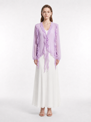 V-Neck Handmade Ruffle Picot Trim Front Tie Sash Asymmetrical Long Sleeve Lightweight Silk Cover Up