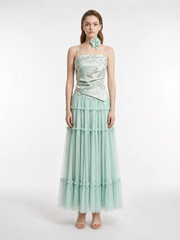 New Chinese Jacquard Twisted Ruched Fitted Spaghetti Strap Multi-Tier Ruffle Tulle A-Line Silk Maxi Skirt Two-Piece Set