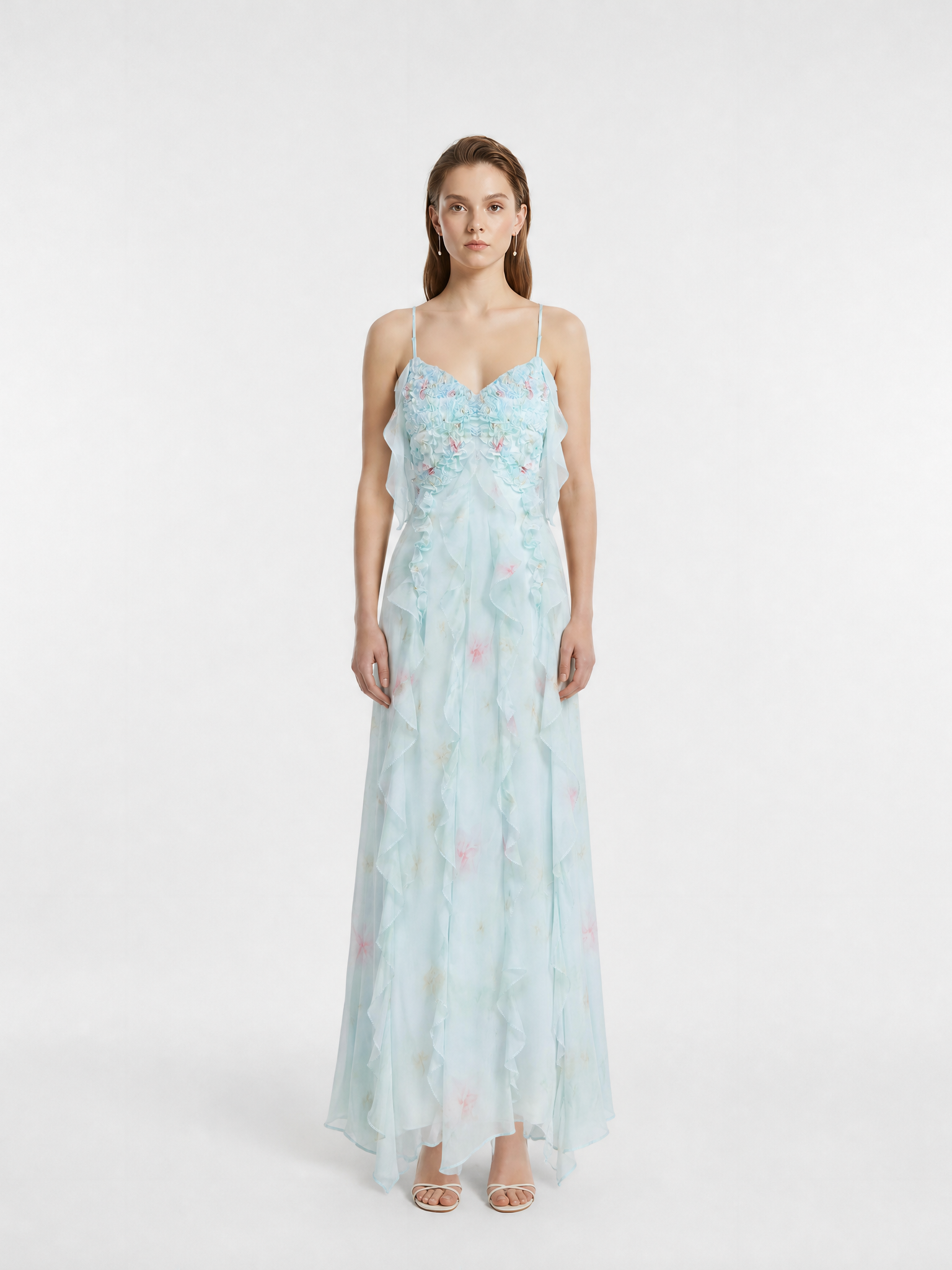 Light Blue Watercolor Floral Print Sweetheart V-Neck Handmade 3D Appliqué Flowy Ruffle Spaghetti Strap Maxi Dress