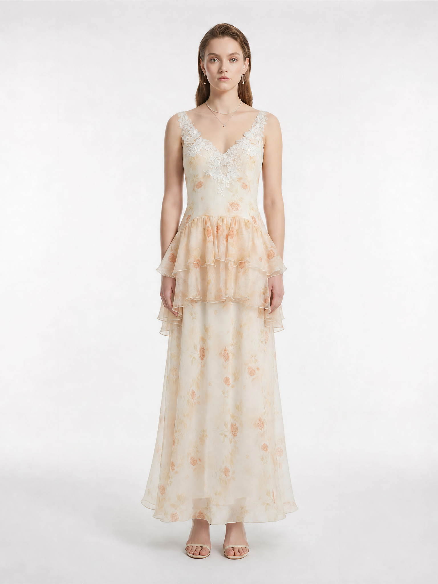 Warm Orange Watercolor Floral Lace Trim V-Neck Double Tier Waist Ruffle Spaghetti Strap Flowy Maxi Dress