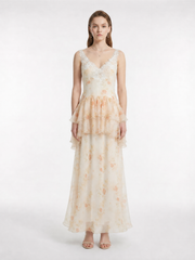 Warm Orange Watercolor Floral Lace Trim V-Neck Double Tier Waist Ruffle Spaghetti Strap Flowy Maxi Dress