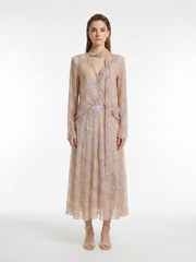 Soft Blurred Floral Print Lapel Neck Bow Tie Long Sleeve Blouse High Waist Full Midi Skirt Two-Piece Set