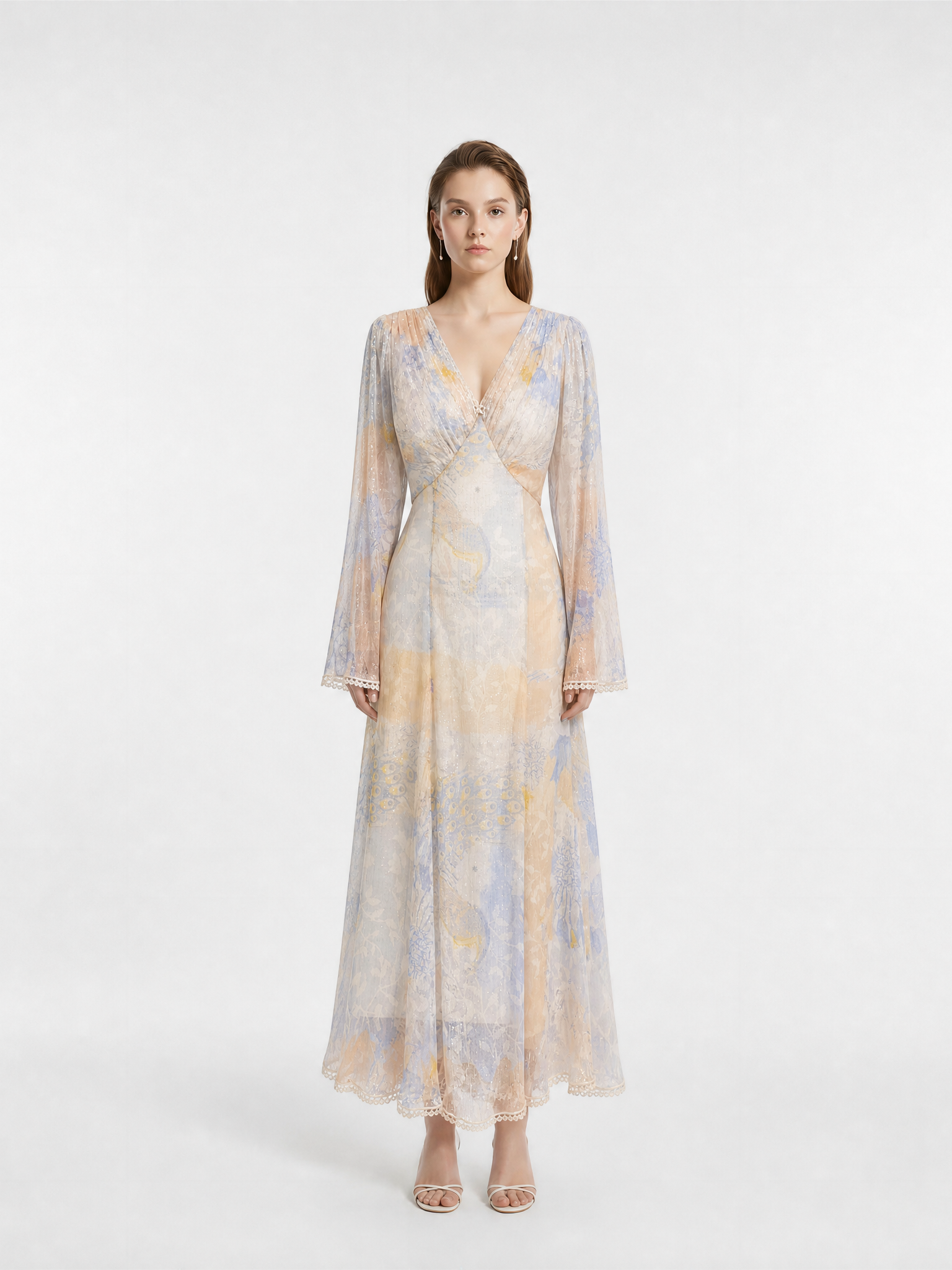 V-Neck Waist-Cinched Lurex Silk Crepon Printed Maxi Dress with Lace Trim Flare Sleeve