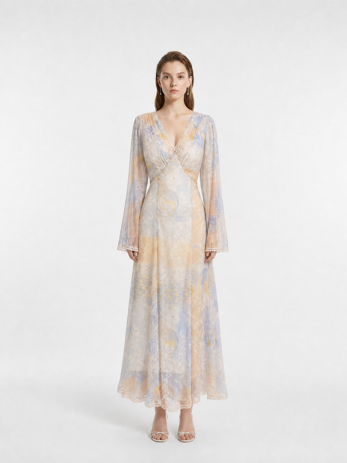 V-Neck Waist-Cinched Lurex Silk Crepon Printed Maxi Dress with Lace Trim Flare Sleeve