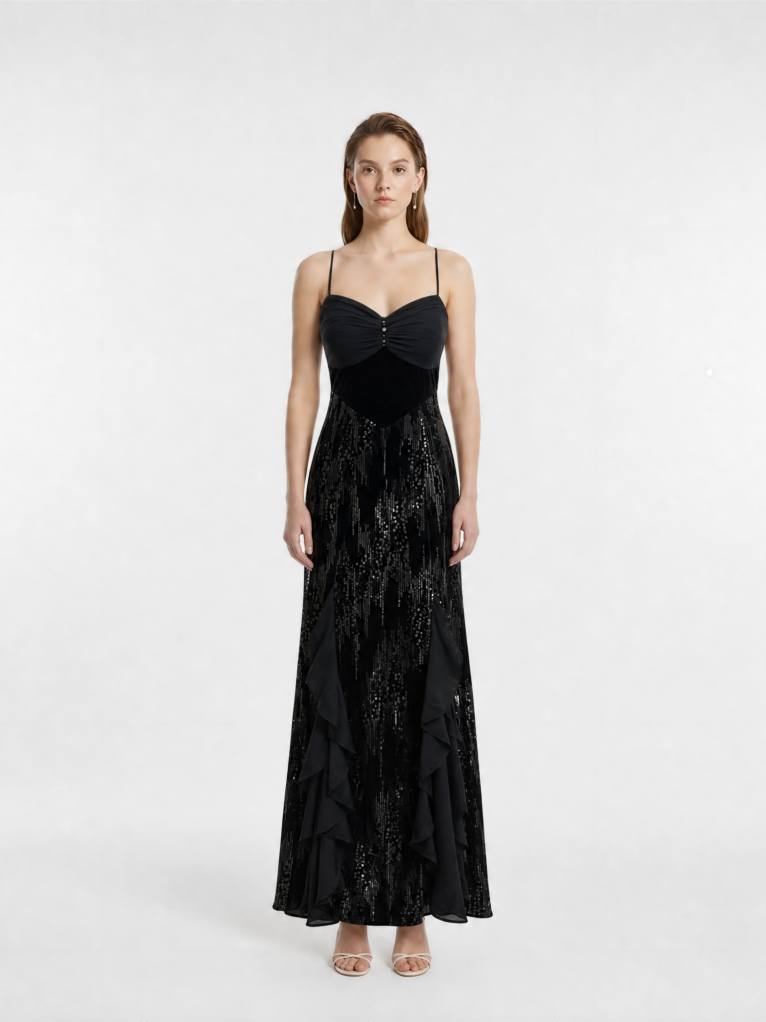 Black Ruched Sweetheart Thin Strap Velvet Bodice Vertical Stream Sequin Side Ruffle Mermaid Maxi Evening Gown