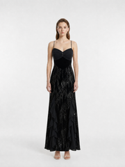 Black Ruched Sweetheart Thin Strap Velvet Bodice Vertical Stream Sequin Side Ruffle Mermaid Maxi Evening Gown