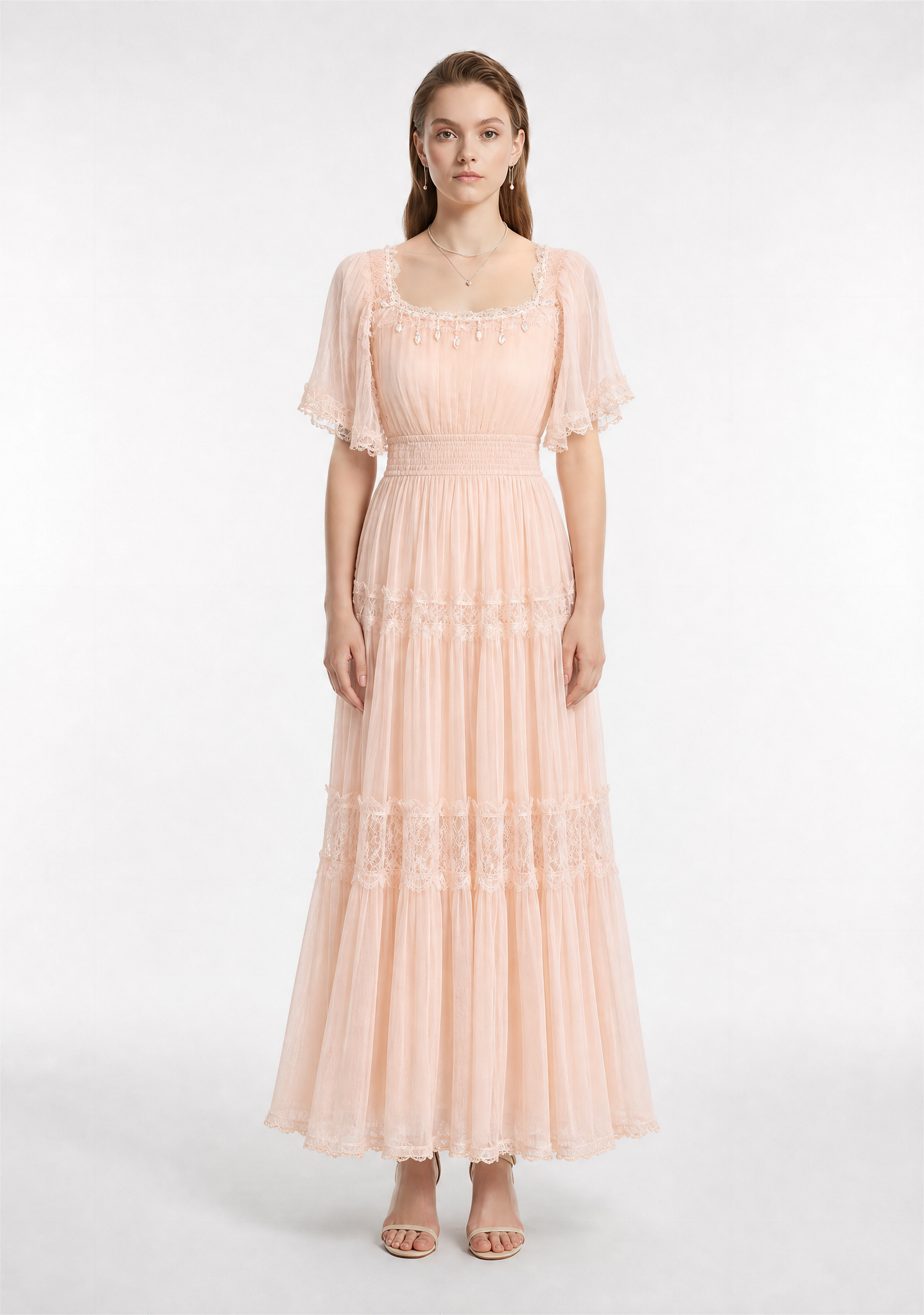 Square Neck Pearl Trim Silk Crepon Tiered Maxi Dress with Smocked Waist