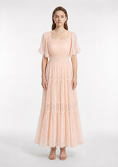 Square Neck Pearl Trim Silk Crepon Tiered Maxi Dress with Smocked Waist