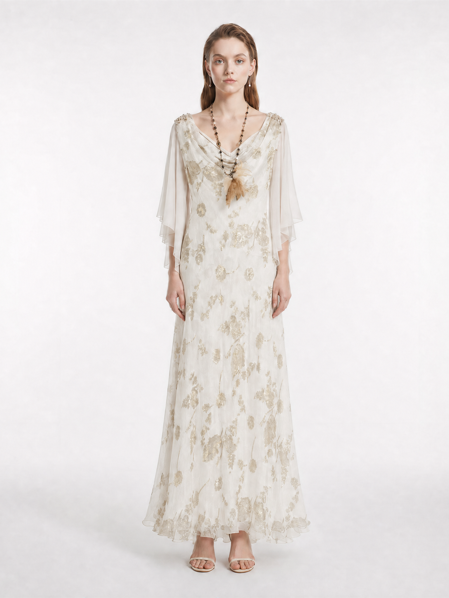 Vintage Gold Floral Burnout Jacquard Cowl Neck Draped Double Layer Ruffle Flutter Sleeve Slim Flow Silk Maxi Dress