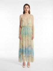 Ocean-Print Silk Georgette Halter Maxi Dress with Shell & Beaded Belt