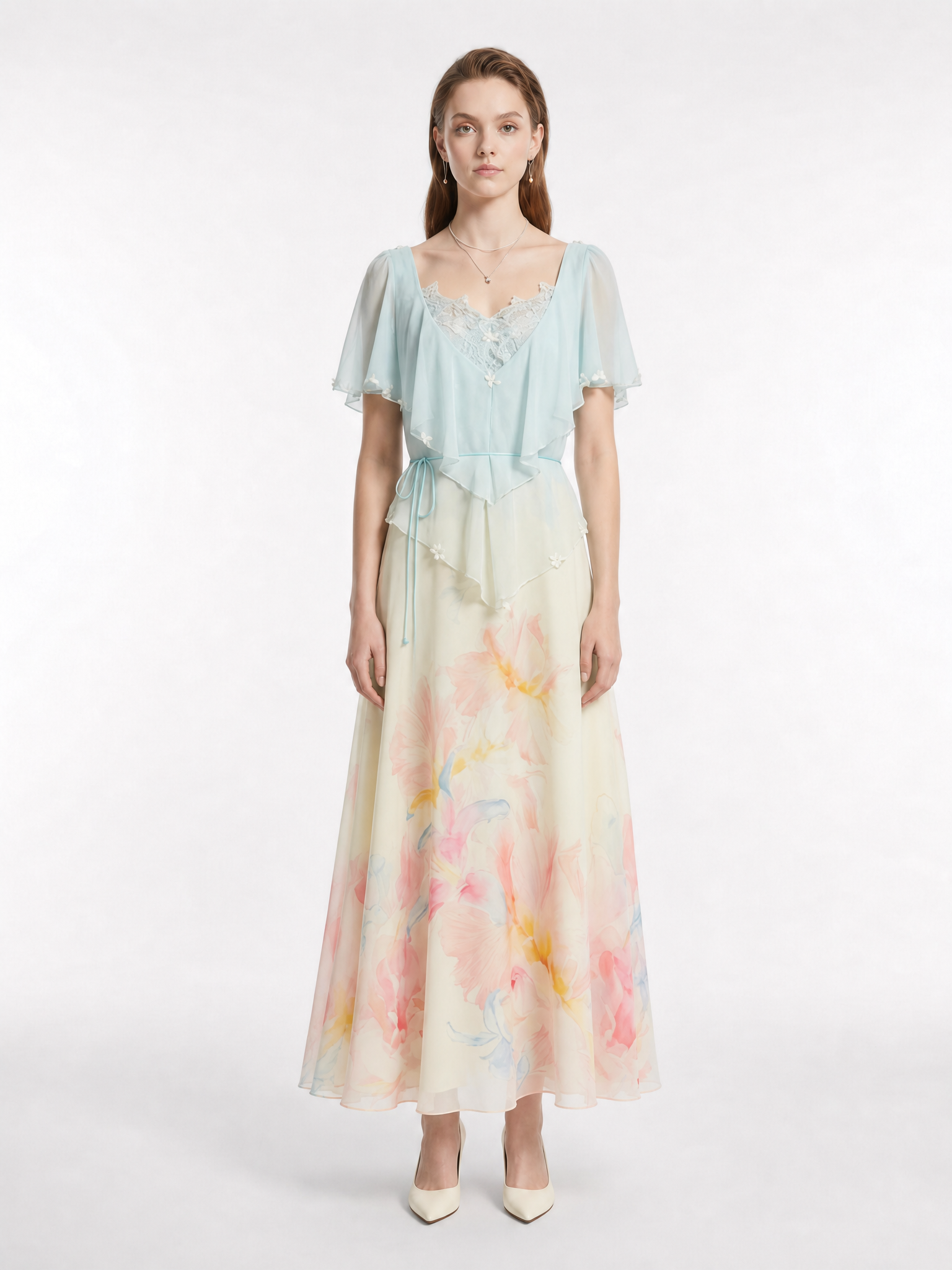 Light Blue Gradient Watercolor Floral Lace Inner Slip Appliqué Maxi Dress V-Neck Flutter Sleeve Tie Waist Cover Up Two-Piece Set