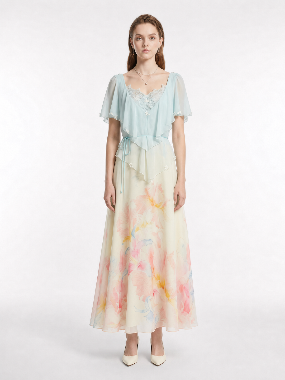 Light Blue Gradient Watercolor Floral Lace Inner Slip Appliqué Maxi Dress V-Neck Flutter Sleeve Tie Waist Cover Up Two-Piece Set