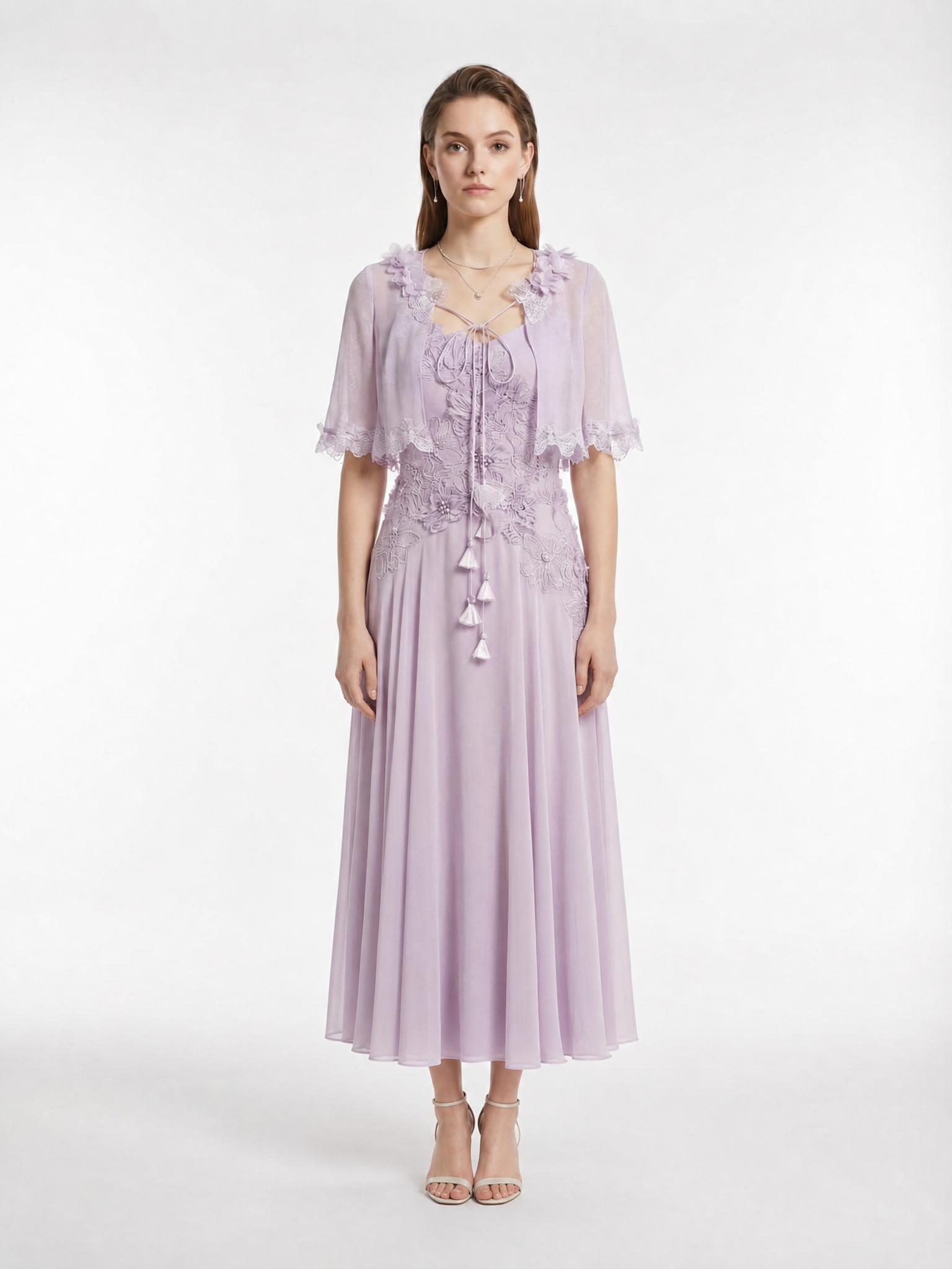Lavender Silk Georgette Lace Applique Slip Maxi Dress with Detachable Sleeves & Beaded Flower Centers