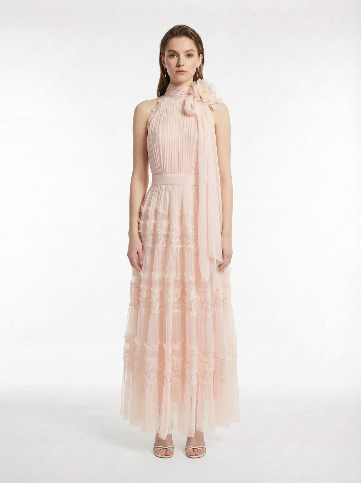 100% Silk Crepon Halter Maxi Dress with Handmade Flower & Lace Tier Details