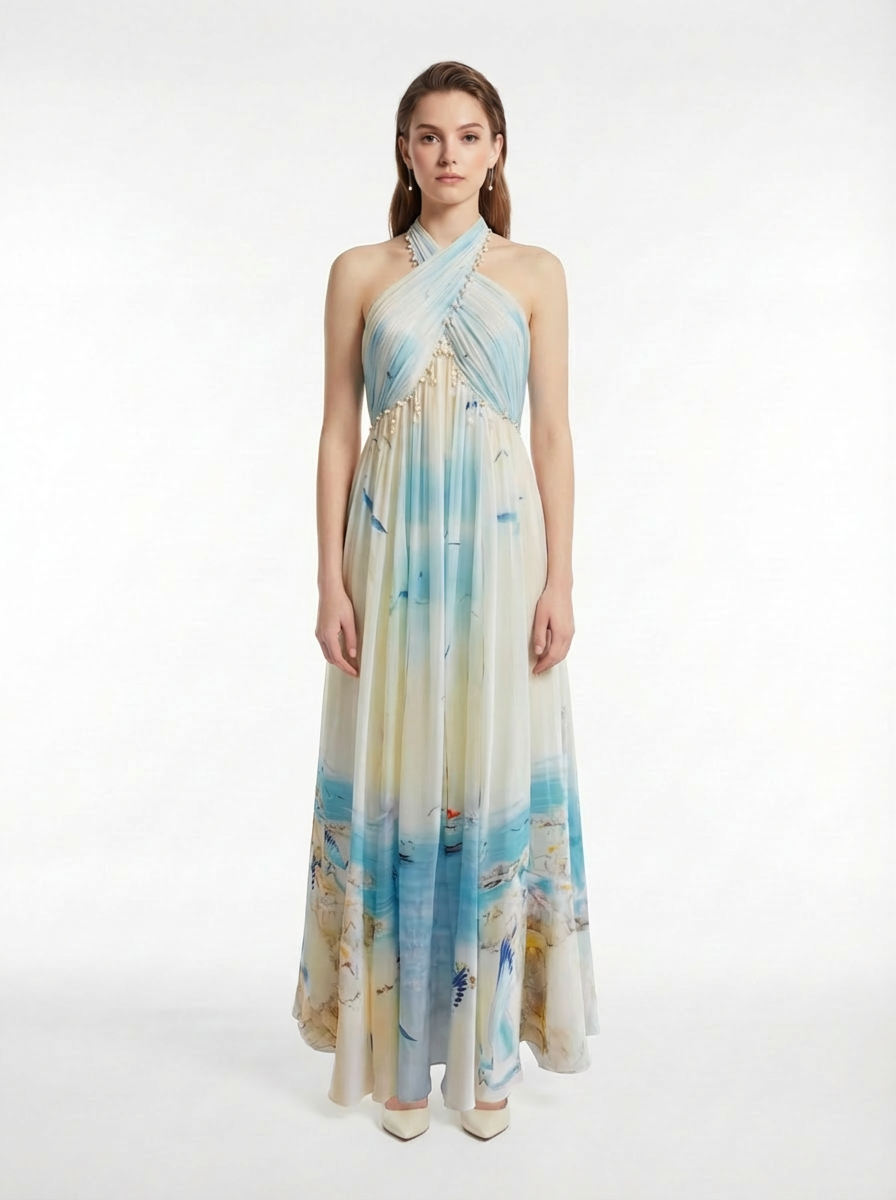Ocean-Print Halter Neck Silk Crepe Maxi Dress with Handmade Shell Embellishments