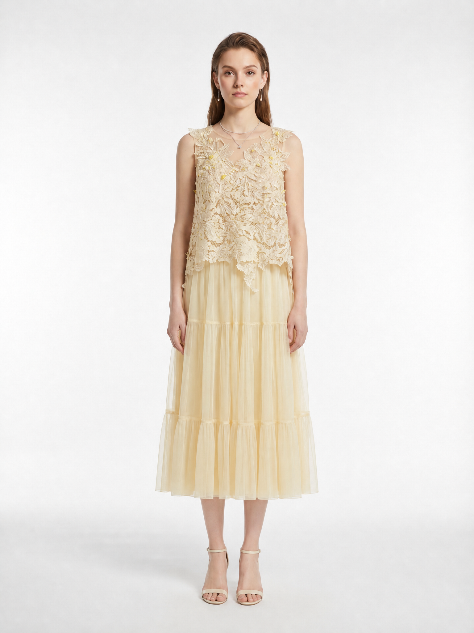 Handmade 3D Lace Appliqué V-Neck Sleeveless Irregular Hem Top Tiered Shirred Tulle Full Midi Dress