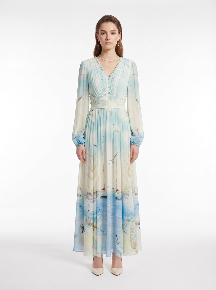 Ocean-Print V-Neck Silk Crepe Maxi Dress with Handmade Shell Embellishments