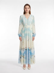 Ocean-Print V-Neck Silk Crepe Maxi Dress with Handmade Shell Embellishments