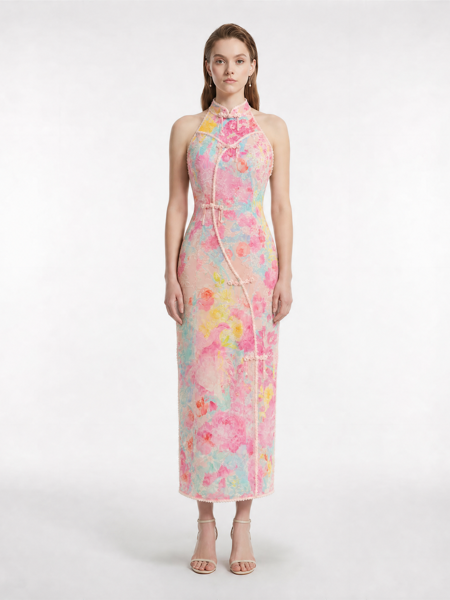 Floral Print 100% Silk Qipao Dress