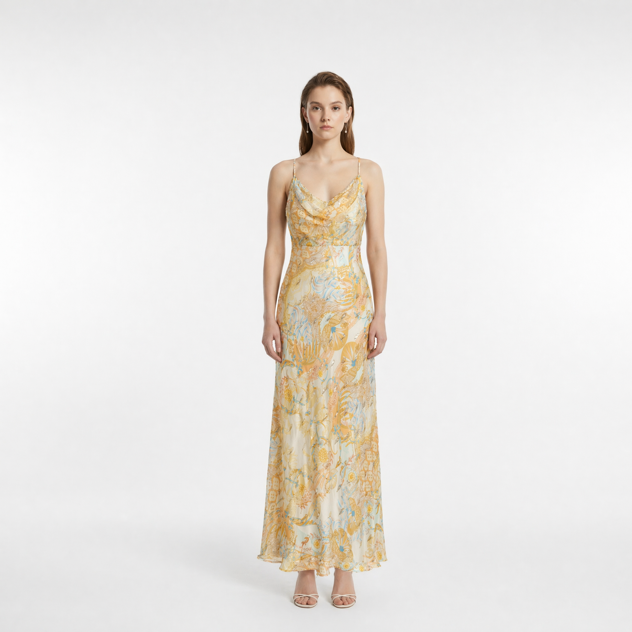 Egyptian-Inspired Hand-Painted Print Silk Slip Maxi Dress with Gold Drop Jacquard