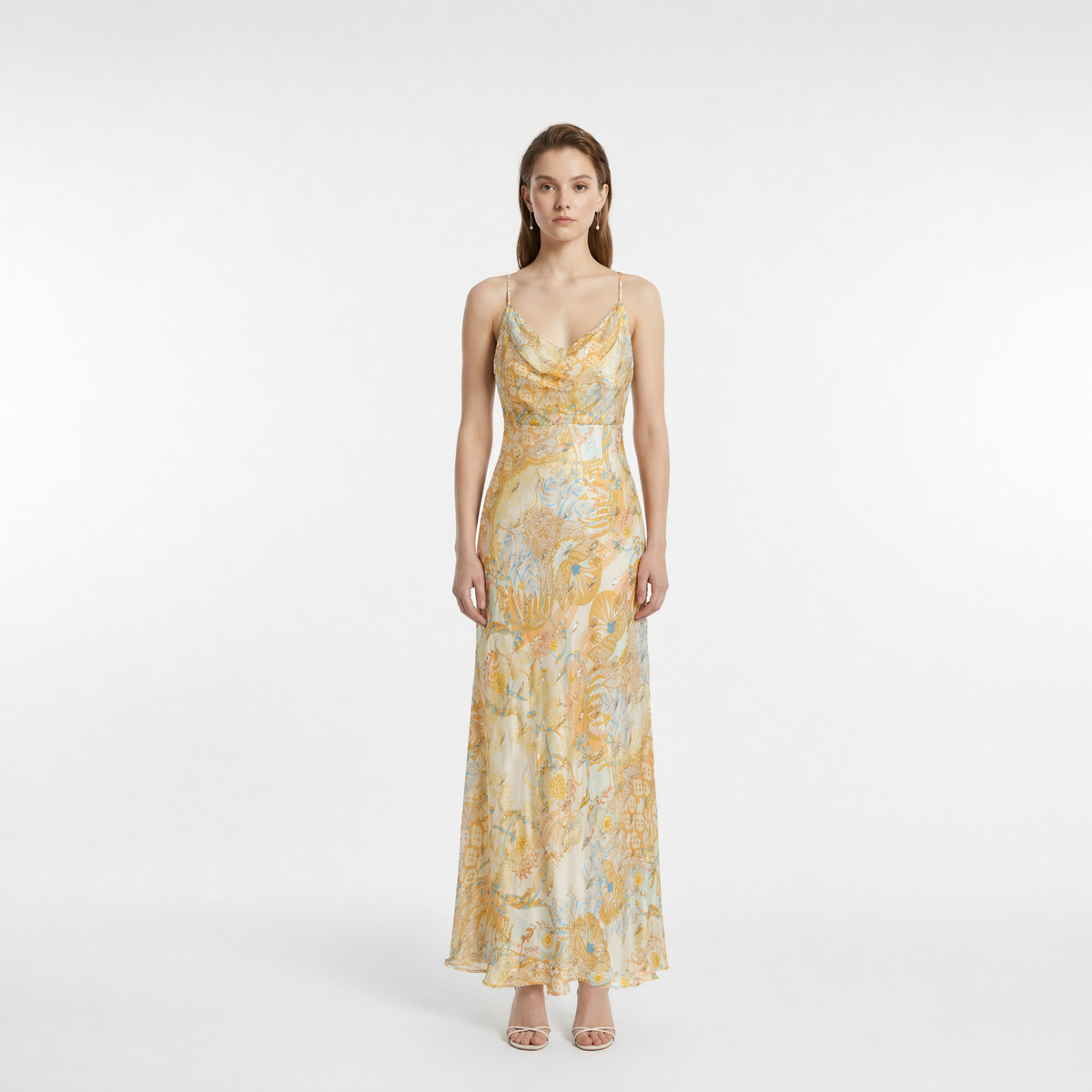 Egyptian-Inspired Hand-Painted Print Silk Slip Maxi Dress with Gold Drop Jacquard