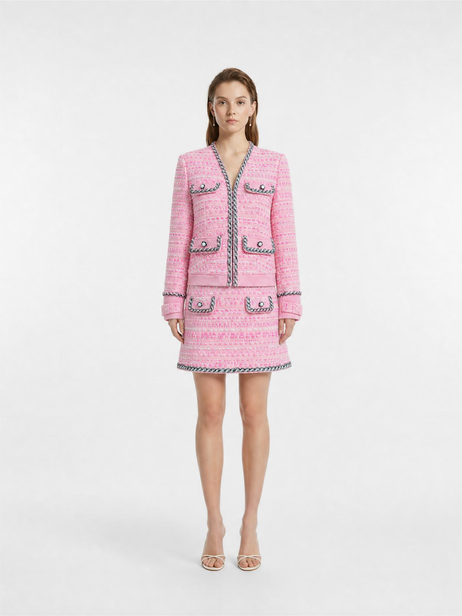 Pink Tweed Chanel-Style Two-Piece Set, Trim Button Cropped Jacket & High Waist Mini Skirt
