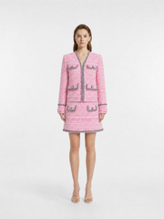 Pink Tweed Chanel-Style Two-Piece Set, Trim Button Cropped Jacket & High Waist Mini Skirt