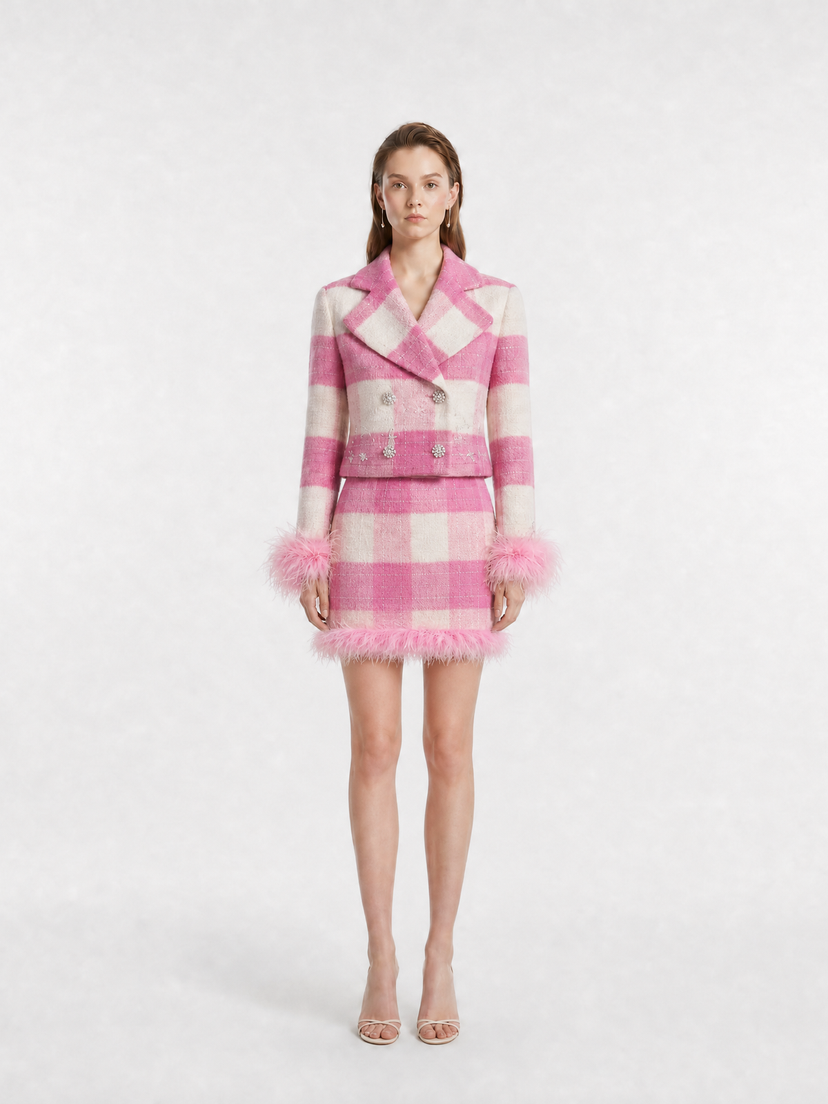 Pink & White Plaid Wool Blend Suit with Ostrich Fur Trim, Cropped Blazer & Mini Skirt Two-Piece Set