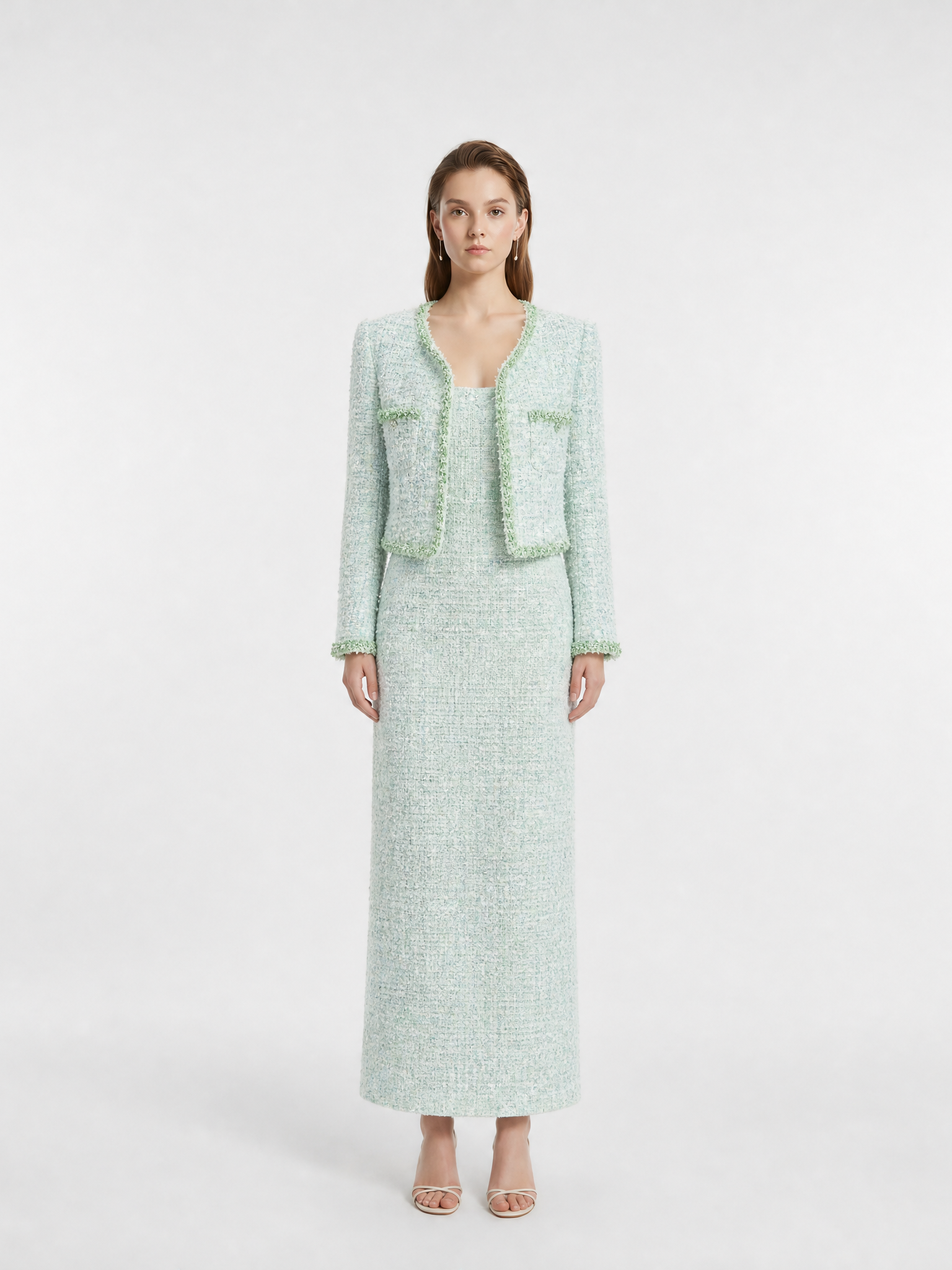 Mint Green Tweed Jacket with Fringe Trim
