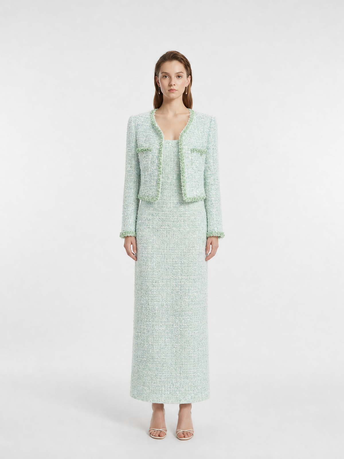 Mint Green Tweed Jacket with Fringe Trim
