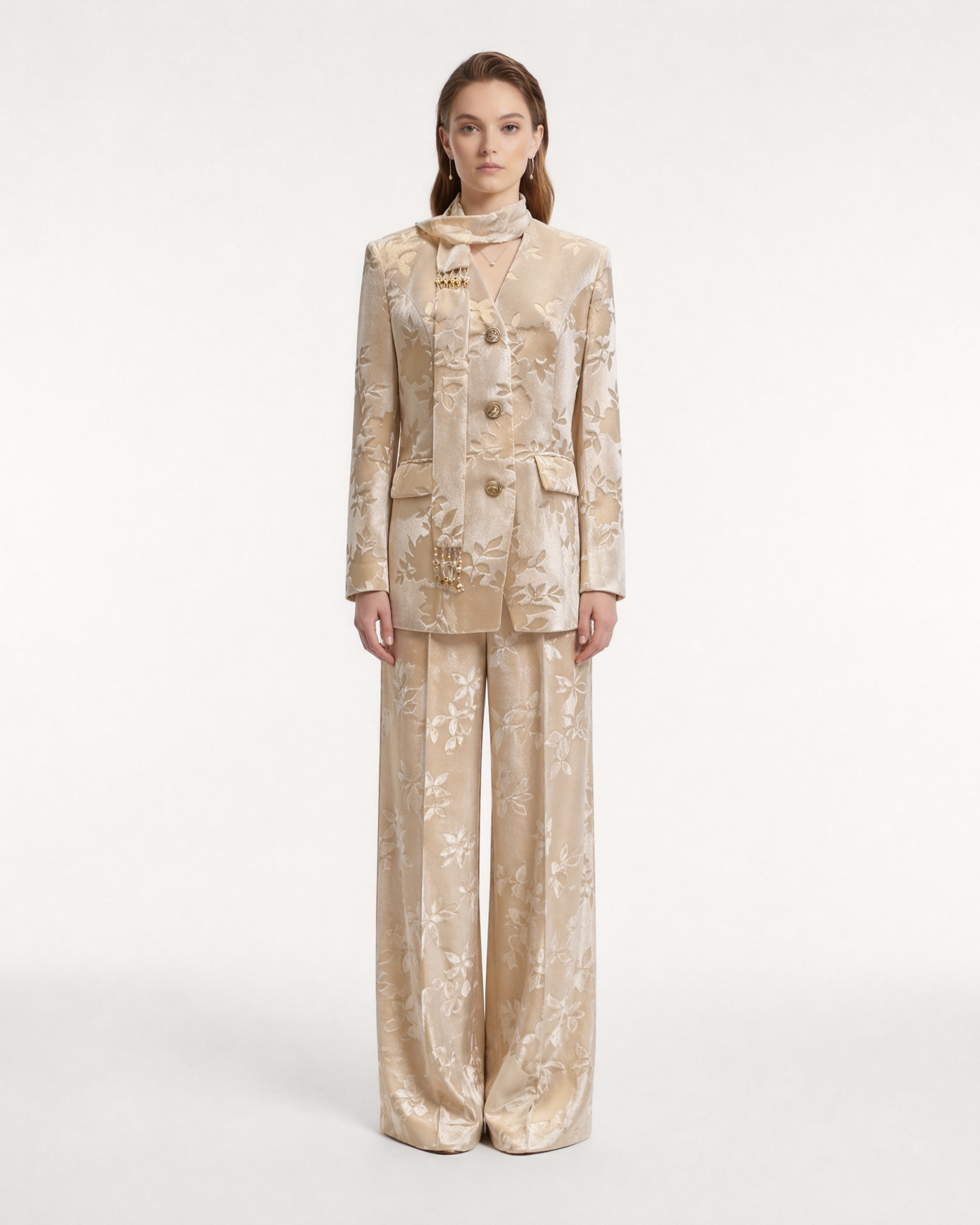 Champagne Gold Silk Velvet Burnout Suit with Handmade Tassel Scarf