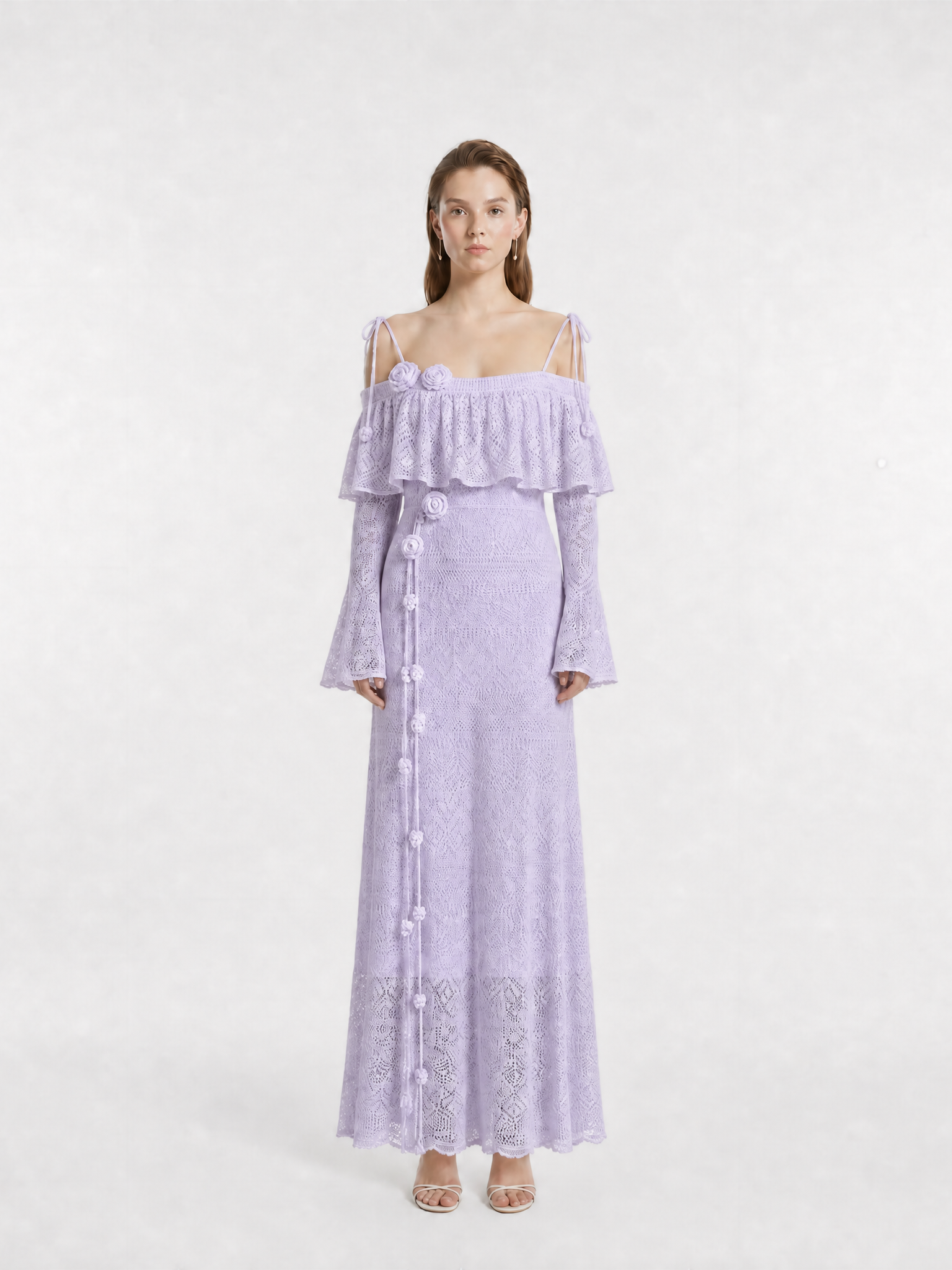 Off-Shoulder Ruffle Wool Knit Maxi Dress with Handmade Crochet Belt, Two Colors Available