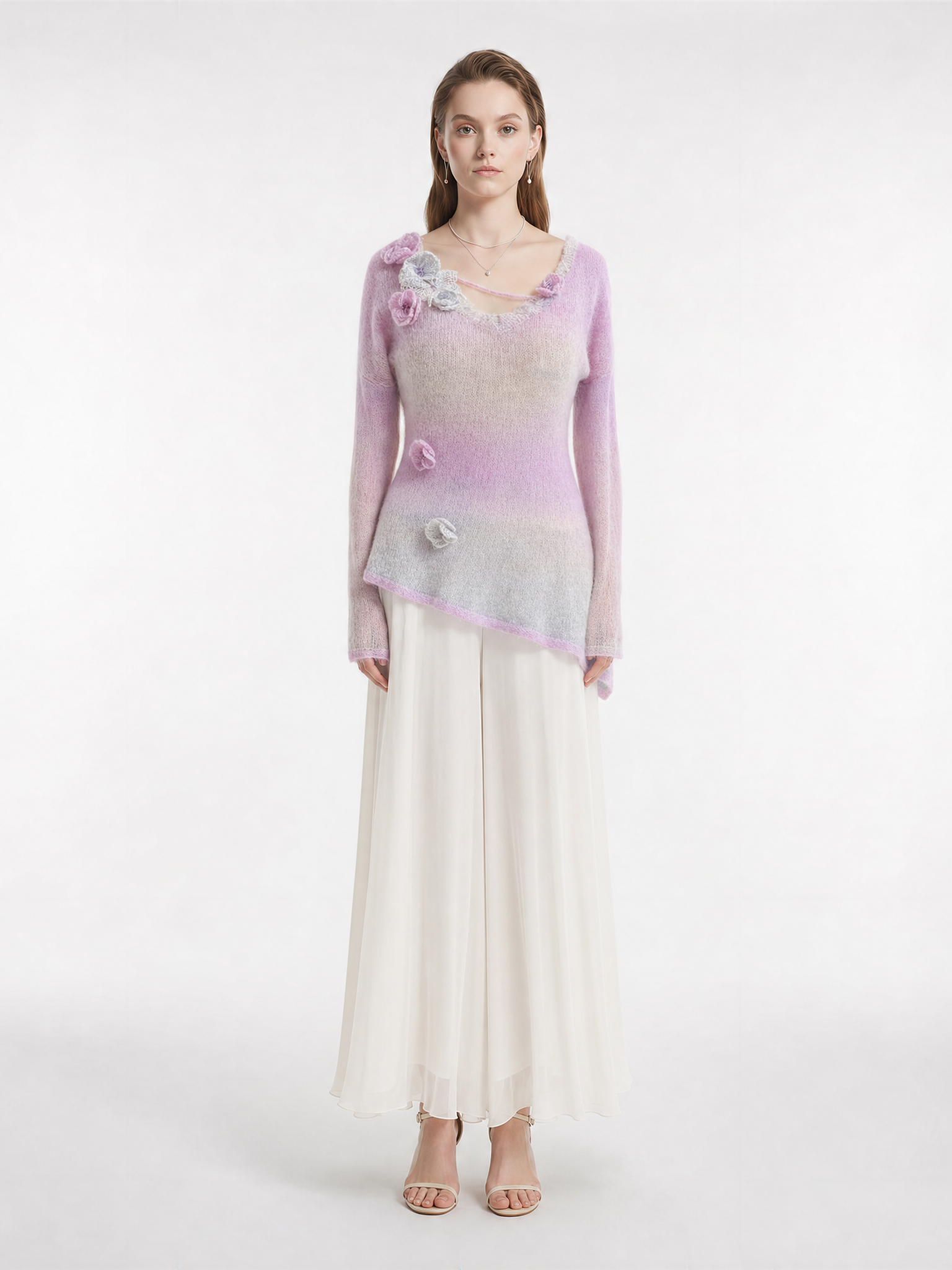 Gradient Purple Wool-Alpaca Blend Knit Top with Handmade Crochet & Sparkle Details