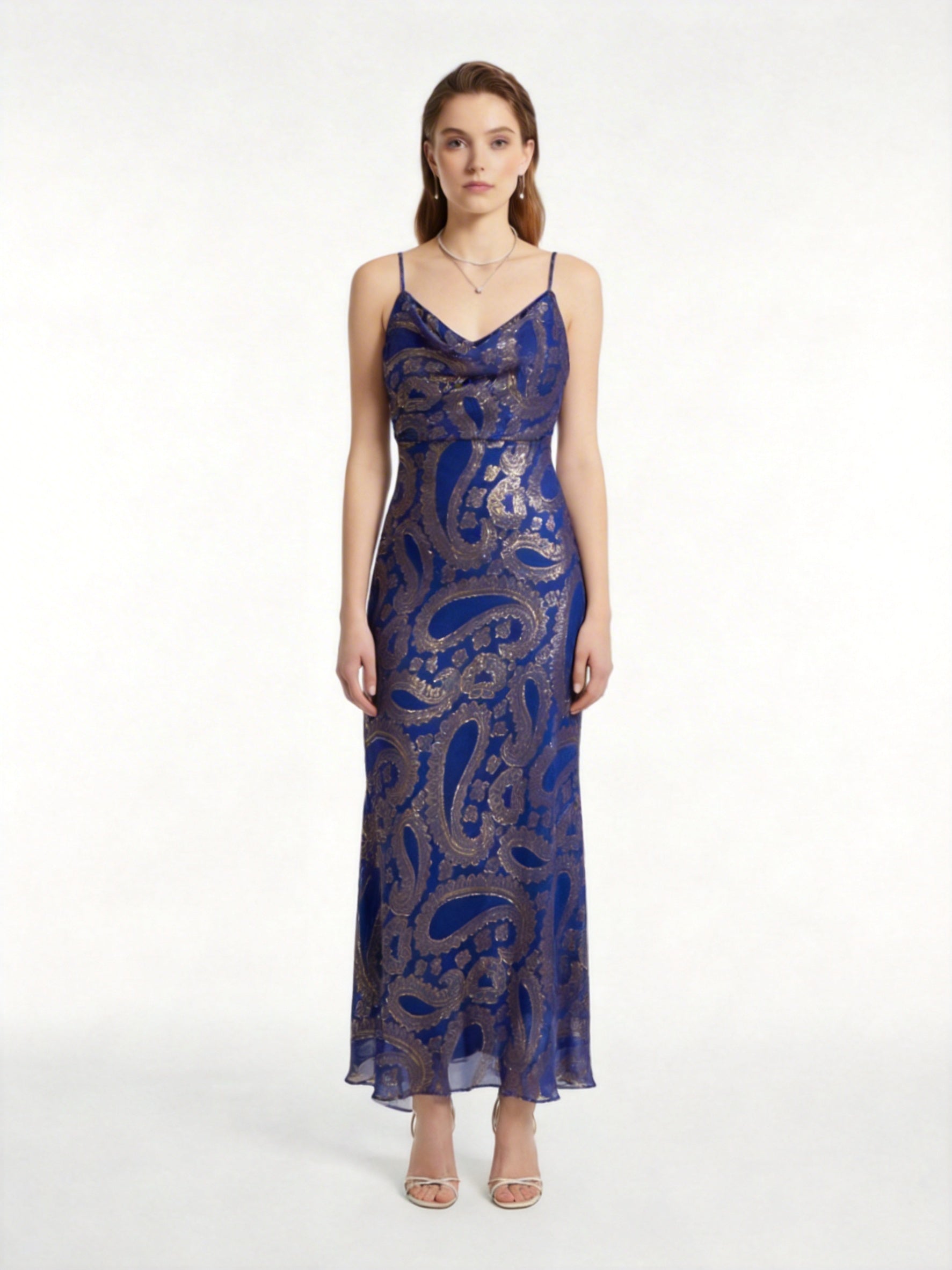 Royal Blue Paisley Jacquard Silk Cowl Neck Slip Maxi Dress