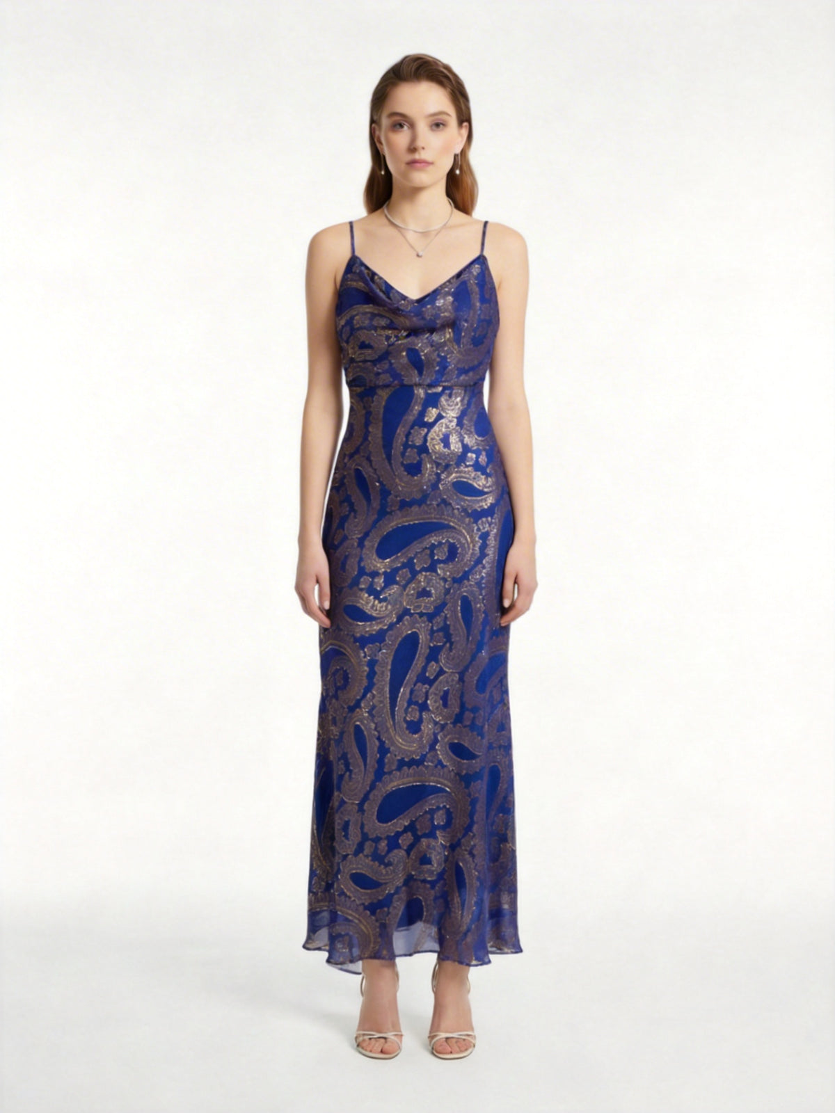Royal Blue Paisley Jacquard Silk Cowl Neck Slip Maxi Dress