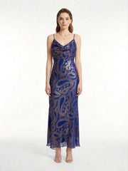 Royal Blue Paisley Jacquard Silk Cowl Neck Slip Maxi Dress