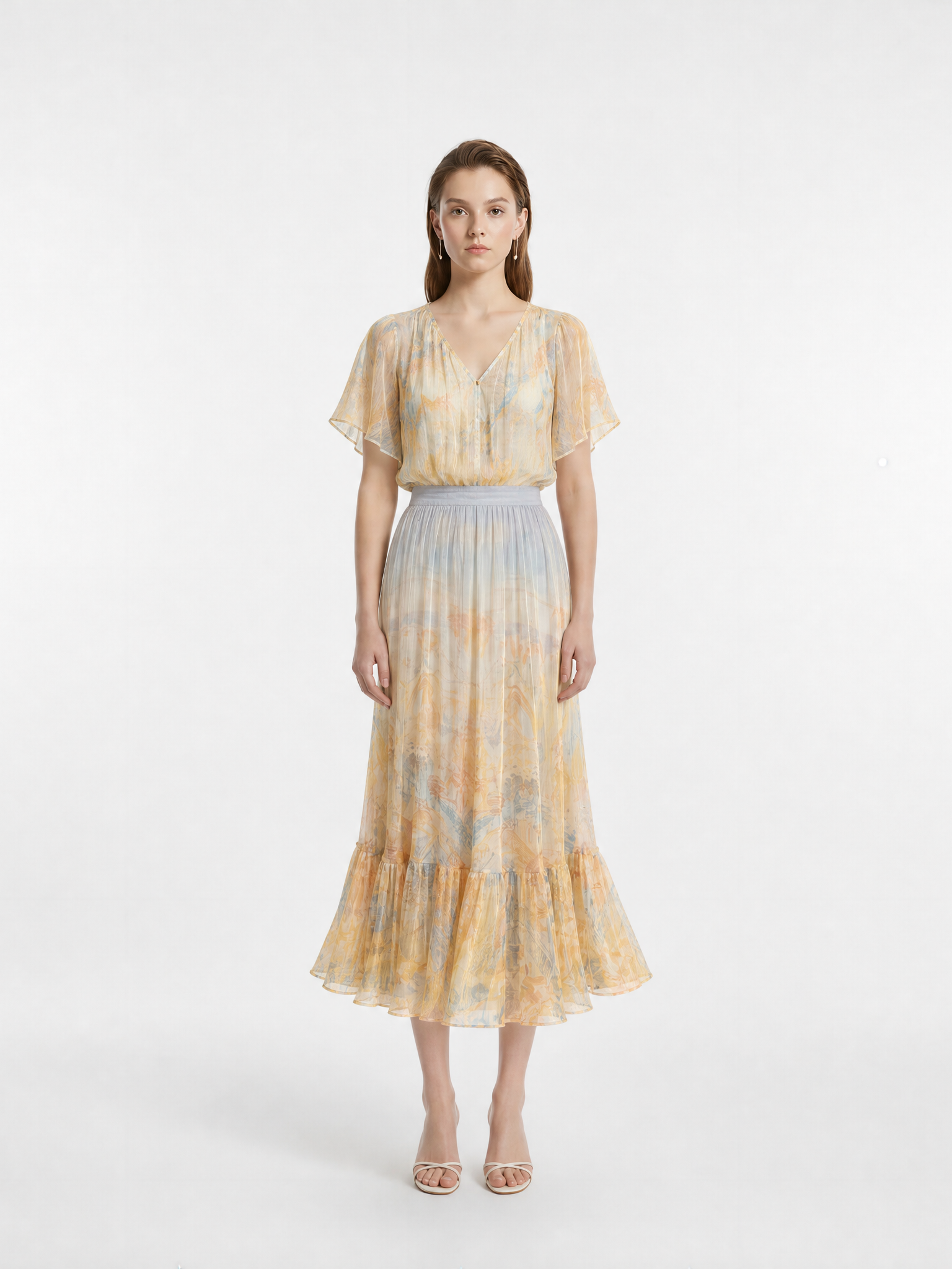 Yellow Blue Gradient Watercolor Print High Waist Elastic Waist Crinkle Chiffon Ruffle Mermaid Midi Skirt