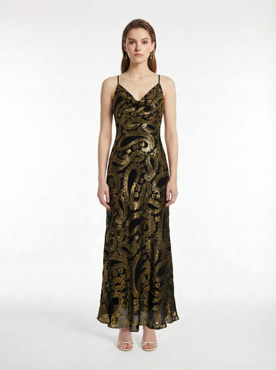 Black & Gold Paisley Jacquard Silk Cowl Neck Slip Maxi Dress （long version)
